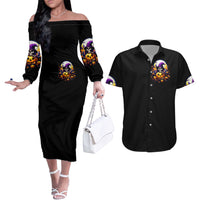 Pumpkin Witch Skull Couples Matching Off The Shoulder Long Sleeve Dress and Hawaiian Shirt In My Defense The Moon Was Full And I Was Left Unsupervided - Wonder Print Shop