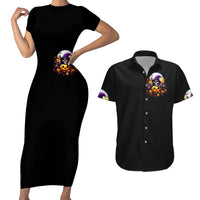 Pumpkin Witch Skull Couples Matching Short Sleeve Bodycon Dress and Hawaiian Shirt In My Defense The Moon Was Full And I Was Left Unsupervided - Wonder Print Shop