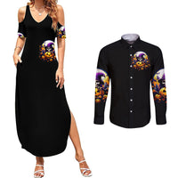 Black V-neck maxi dress with thigh slit and black long-sleeve button shirt, front witch skull graphic