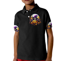 Kids black polo shirt with skull and pumpkin witch graphic on the front