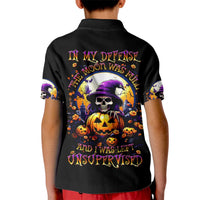 Kids black polo shirt with skull, pumpkin and witch graphic on the back