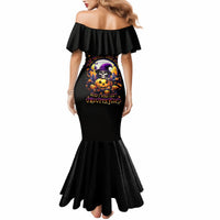 Black off-shoulder mermaid dress with ruffle sleeves and skull pumpkin back print
