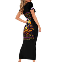 Black short-sleeve bodycon maxi dress with witch skull and pumpkin graphic