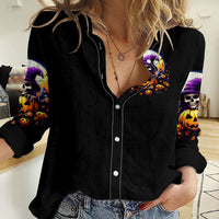 Pumpkin Witch Skull Women Casual Shirt In My Defense The Moon Was Full And I Was Left Unsupervided - Wonder Print Shop