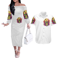 Flower Skull Couples Matching Off The Shoulder Long Sleeve Dress and Hawaiian Shirt Judge Me When You're Perfect Otherwise Shut Up - Wonder Print Shop