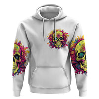 White pullover hoodie with hood and colorful skull graphic on chest, plus skull sleeves