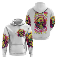 White pullover hoodie shown front and back: colorful skull graphics with hood and pocket