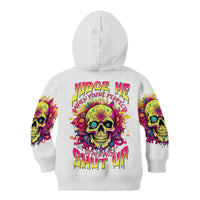 Kids white hoodie, colorful skull graphic on back with hood