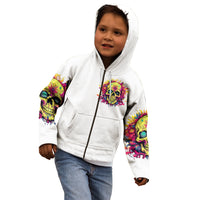 Kids white zip hoodie worn, front colorful skull print with zip-up hood
