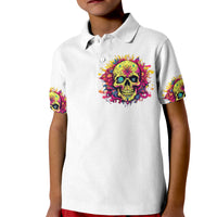 Kids white polo shirt with colorful flower skull on chest and matching sleeve prints