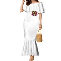 White mermaid dress with off-shoulder flutter sleeves and skull front print