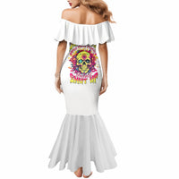 White off-shoulder ruffle mermaid dress with colorful skull graphic, fitted waist
