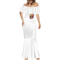 White mermaid maxi dress with wide off-shoulder neckline and colorful skull chest print