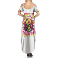 Women's white off-shoulder maxi dress with skull graphic and short sleeve cutouts