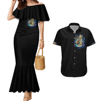 Black off-shoulder mermaid maxi dress and black short-sleeve button-up shirt with skull art