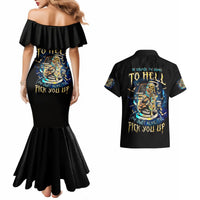 Black mermaid off-shoulder dress and black button-up shirt, both with skull graphic