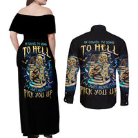 Mummy Skull Couples Matching Off Shoulder Maxi Dress and Long Sleeve Button Shirts I'm Going To Hell to Pick You Up - Wonder Print Shop