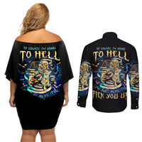 Mummy Skull Couples Matching Off Shoulder Short Dress and Long Sleeve Button Shirts I'm Going To Hell to Pick You Up - Wonder Print Shop