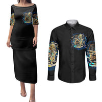 Black printed couple off-shoulder dress and long-sleeve button shirt (front view)