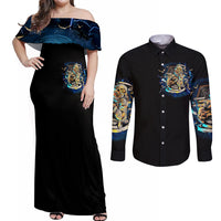 Mummy Skull Couples Matching Off Shoulder Maxi Dress and Long Sleeve Button Shirt I'm Going To Hell to Pick You Up - Wonder Print Shop