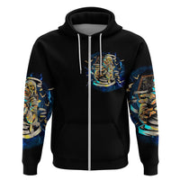 Black zip hoodie with skull graphic, blue sleeve print, front zipper and hood