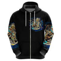 Black zip hoodie with chest skull graphic, blue sleeve print, front zipper and hood