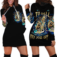 Black hoodie dress close view with skeleton skull front print and long sleeve hood