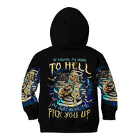 Kids black pullover hoodie with mummy skull graphic, blue lightning and back print