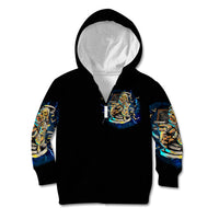 Kids black pullover hoodie with chest mummy skull graphic in blue, front hood detail