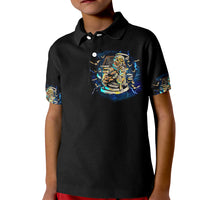 Kids black polo shirt with skull kid graphic on front, buttoned collar, short sleeves