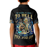 Kids black polo shirt with large skull kid graphic on back, short sleeves