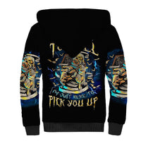 Black sherpa hoodie with colorful skull graphic on chest and sleeve prints