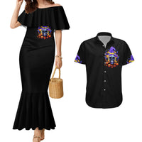 Black short-sleeve button-up shirt with purple skull chest print for matching set