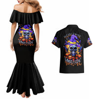 Black off-shoulder mermaid dress with ruffled neckline and purple skull graphic