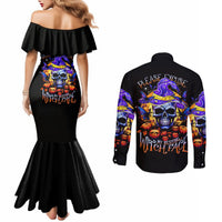 Black off-shoulder mermaid Halloween dress with skull graphic and witch face text