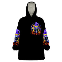 Black hooded wearable blanket hoodie with front skull graphic and long printed sleeves