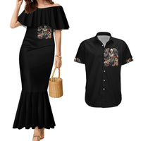 Black off-shoulder mermaid dress with angel skull chest print; matching black button-up shirt