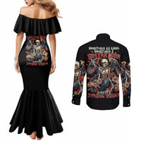 Black off-shoulder mermaid dress and long-sleeve button shirt with angel skull graphic