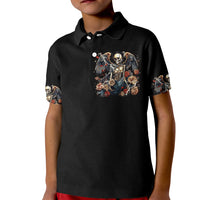 Kids black polo shirt, front angel skull with winged roses print, patterned sleeves