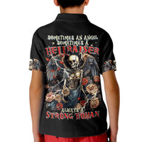 Kids black polo shirt with angel skull back print, wings, roses, “Hellraiser” text