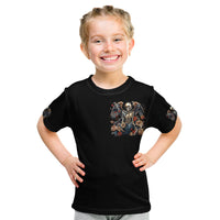 Black kids T-shirt with angel skull graphic on chest, short sleeves, crew neck.