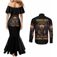 Black off-shoulder mermaid dress and black button shirt set with warrior skull graphic