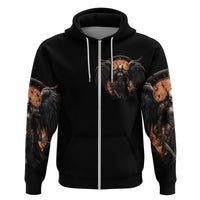 Black zip-front hoodie with skull warrior chest art and wing sleeve prints