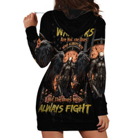 Black hoodie dress with large warrior skull and winged bird graphic, long sleeves