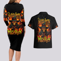 Witch Skull Couples Matching Long Sleeve Bodycon Dress and Hawaiian Shirt Witches With Hitches - Wonder Print Shop