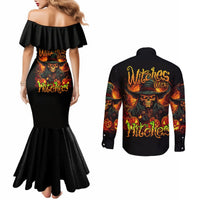 Black off-shoulder mermaid dress and black long-sleeve button shirt with skull graphic