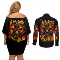 Witch Skull Couples Matching Off Shoulder Short Dress and Long Sleeve Button Shirts Witches With Hitches - Wonder Print Shop