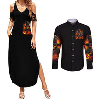 Black witch skull maxi dress with V-neck and side slit, matching long-sleeve button shirt