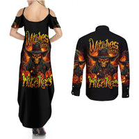 Black witch skull maxi dress with off-shoulder sleeves, matching long-sleeve button shirt