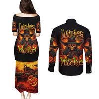 Witch Skull Couples Matching Puletasi and Long Sleeve Button Shirt Witches With Hitches - Wonder Print Shop